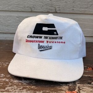 Vintage Bridgestone Firestone Crown mesh trucker hat corduroy White trucking sna